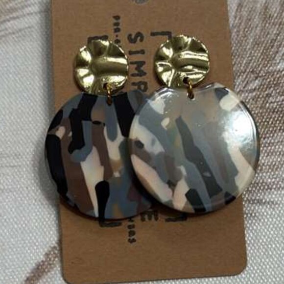 Camo Marble Acetate & Gold Drop Earrings - Geo Circle - Picture 3 of 3